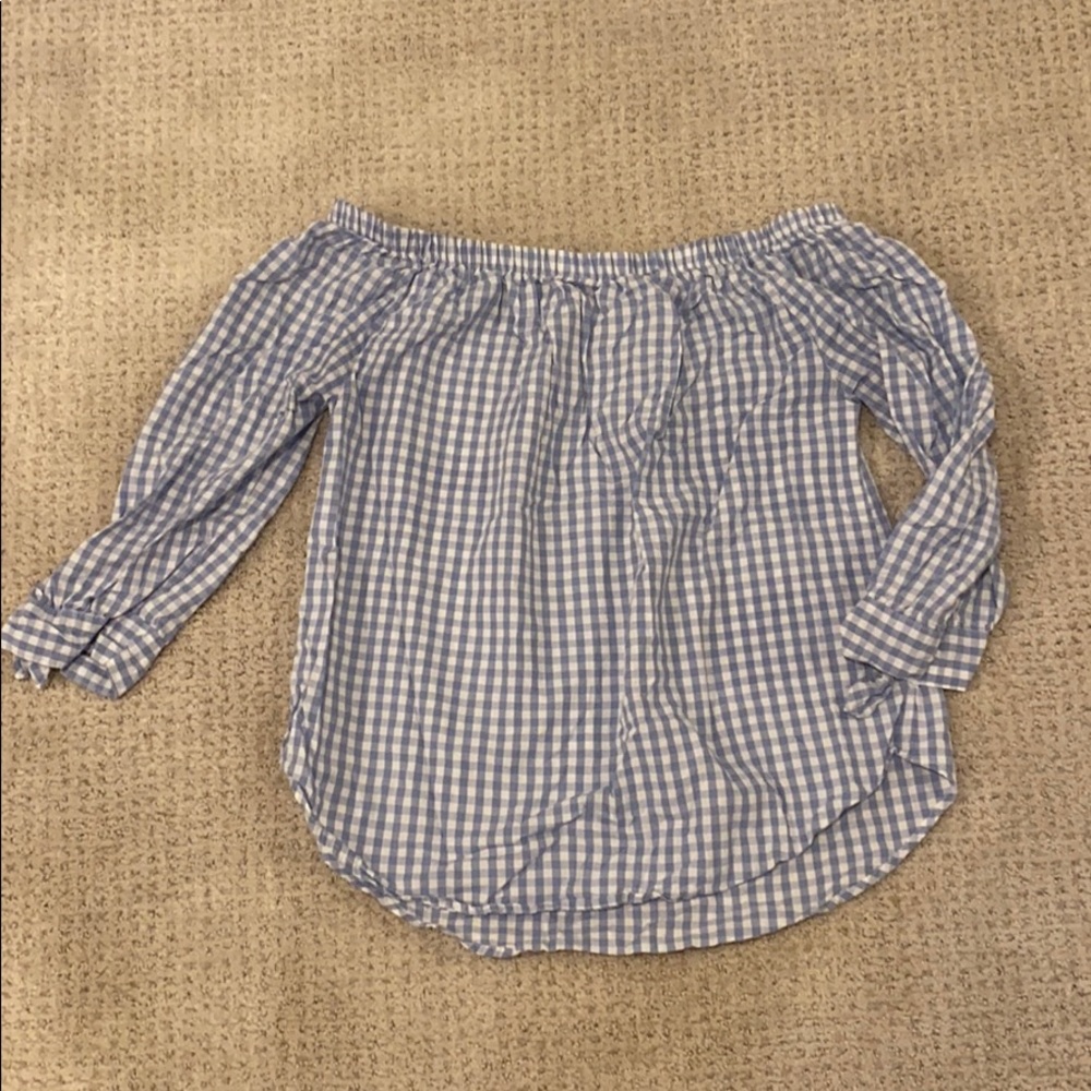 Blue Check Off-the-Shoulder Blouse